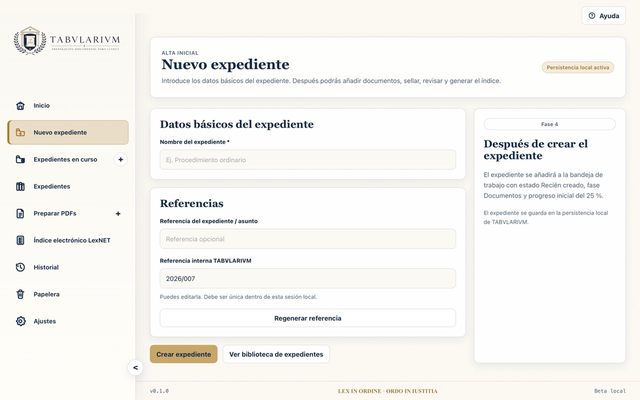 Pantalla completa de creación de un expediente ficticio en TABVLARIVM