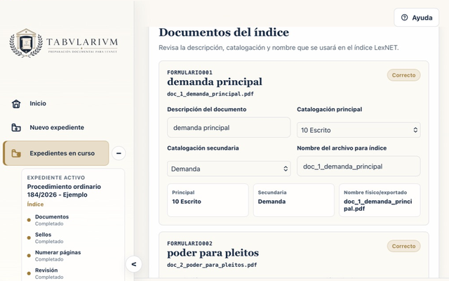 Preparación opcional del índice electrónico en TABVLARIVM