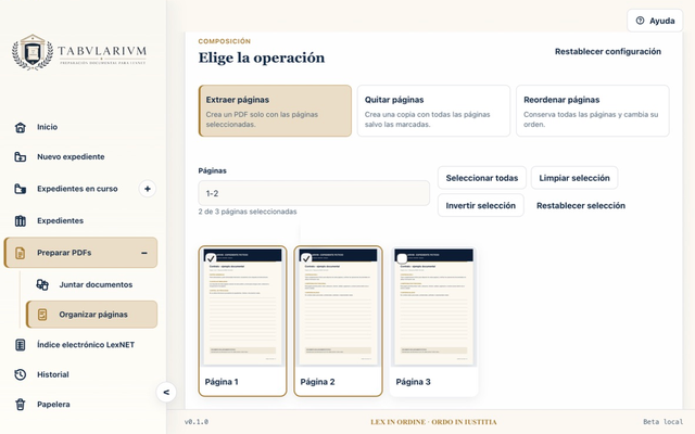 Organizador de páginas PDF de TABVLARIVM con miniaturas de un documento ficticio