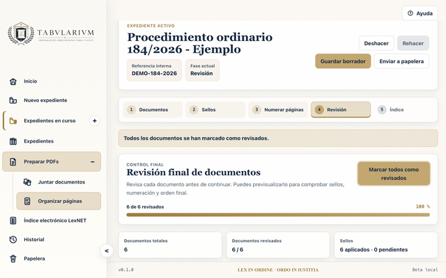 Pantalla de revisión documental de TABVLARIVM con indicadores de un expediente ficticio